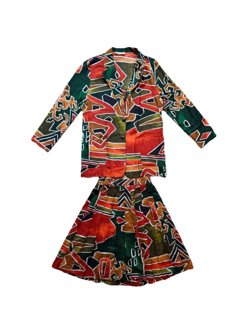 Vintage Pleated Skirt Jacket Set Womens S Abstract Artsy Office Suit 80s 90s USA